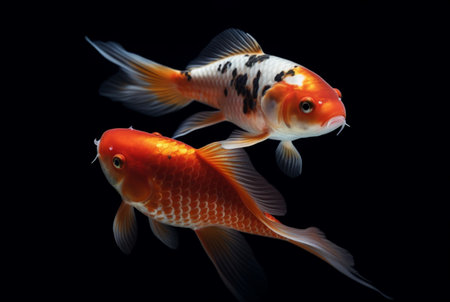 two beautiful koi fish isolated on black background. generative aiの素材