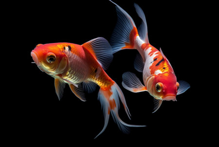 two beautiful koi fish isolated on black background. generative aiの素材
