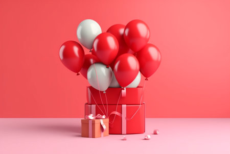 balloon with gift box isolated red background. generative aiの素材