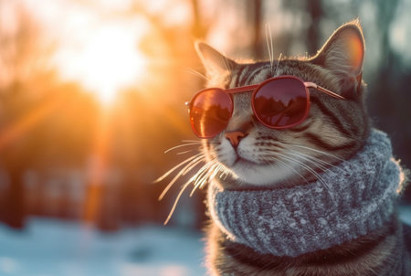 Cute cat wearing glasses in the snow with beautiful sunset. generative aiの素材