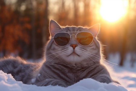 Cute cat wearing glasses in the snow with beautiful sunset. generative aiの素材
