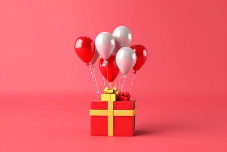 balloon with gift box isolated red background. generative aiの素材
