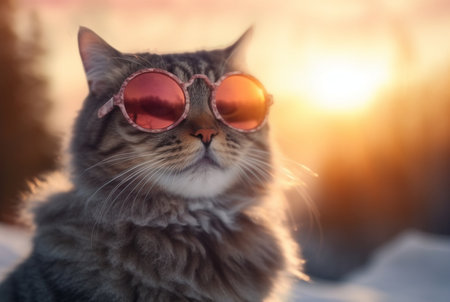Cute cat wearing glasses in the snow with beautiful sunset. generative aiの素材