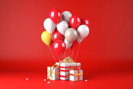 balloon with gift box isolated red background. generative aiの素材