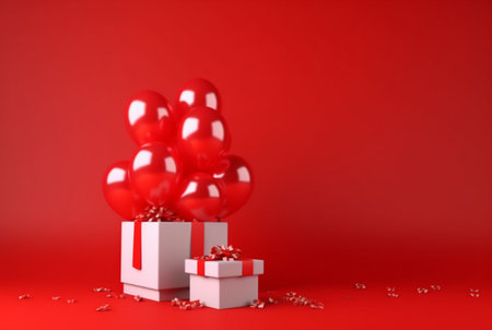 balloon with gift box isolated red background. generative aiの素材