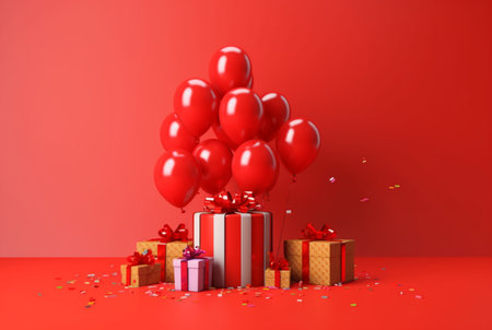 balloon with gift box isolated red background. generative aiの素材