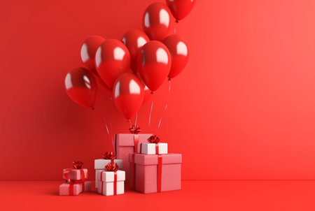 balloon with gift box isolated red background. generative aiの素材