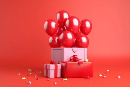 balloon with gift box isolated red background. generative aiの素材
