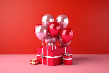 balloon with gift box isolated red background. generative aiの素材