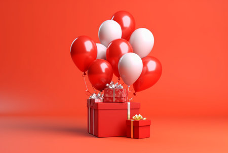 balloon with gift box isolated red background. generative aiの素材
