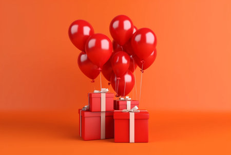 balloon with gift box isolated red background. generative aiの素材