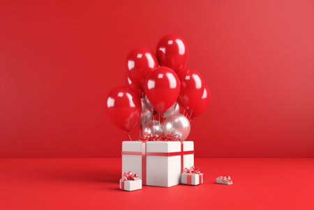 balloon with gift box isolated red background. generative aiの素材