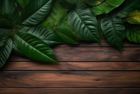 Top view of tropical leaves on wooden table for background. generative aiの素材