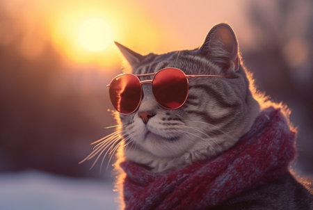Cute cat wearing glasses in the snow with beautiful sunset. generative aiの素材