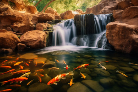 small waterfall stream with beautiful koi fish. generative aiの素材