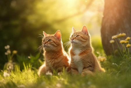 Two cute cats on green grass with blurred background of early morning sunの素材