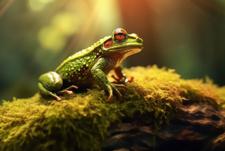Green frog on a mossy rock with blurred background. generative aiの素材