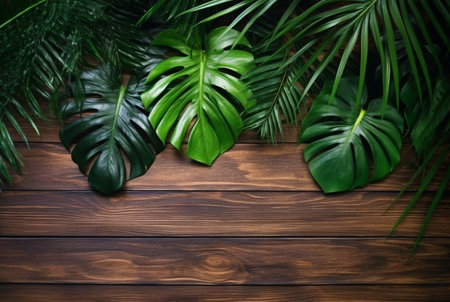Top view of tropical leaves on wooden table for background. generative aiの素材