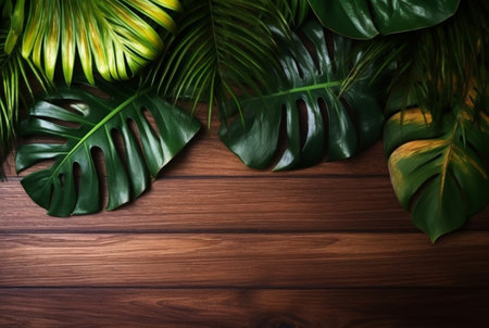 Top view of tropical leaves on wooden table for background. generative aiの素材