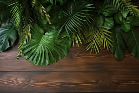 Top view of tropical leaves on wooden table for background. generative aiの素材
