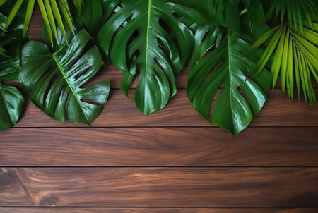 Top view of tropical leaves on wooden table for background. generative aiの素材