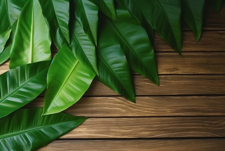 Top view of tropical leaves on wooden table for background. generative aiの素材