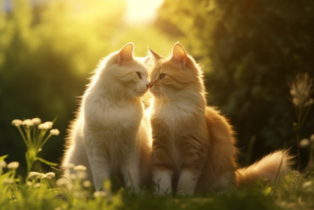Two cute cats on green grass with blurred background of early morning sunの素材
