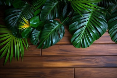 Top view of tropical leaves on wooden table for background. generative aiの素材