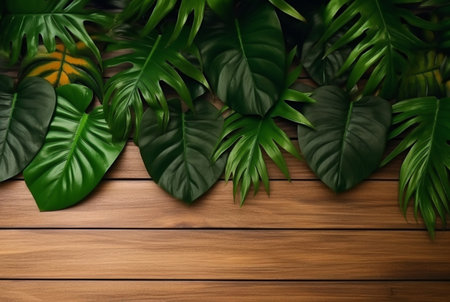 Top view of tropical leaves on wooden table for background. generative aiの素材