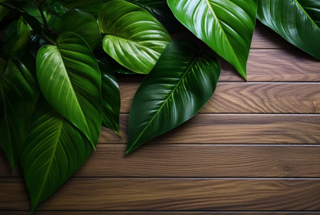Top view of tropical leaves on wooden table for background. generative aiの素材