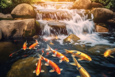 small waterfall stream with beautiful koi fish. generative aiの素材