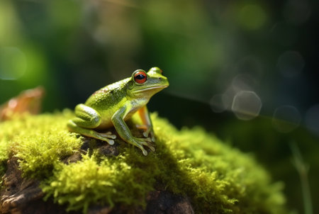 Green frog on a mossy rock with blurred background. generative aiの素材