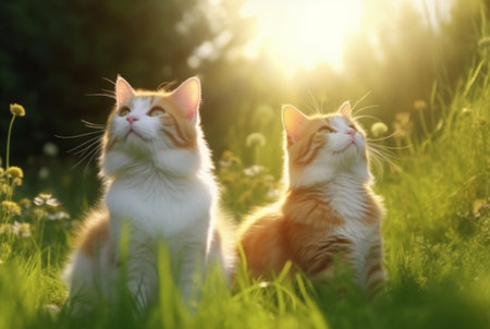 Two cute cats on green grass with blurred background of early morning sunの素材