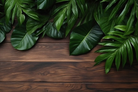 Top view of tropical leaves on wooden table for background. generative aiの素材