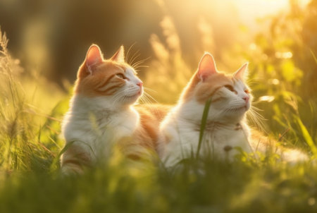Two cute cats on green grass with blurred background of early morning sunの素材