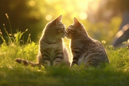 Two cute cats on green grass with blurred background of early morning sunの素材