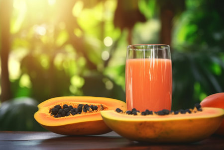 Glass of papaya juice with papaya fruit slices on wooden table with garden blurred background. generative aiの素材