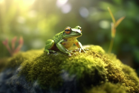 Green frog on a mossy rock with blurred background. generative aiの素材