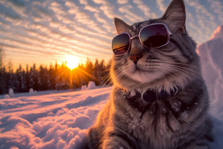 Cute cat wearing glasses in the snow with beautiful sunset. generative aiの素材