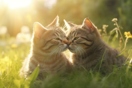 Two cute cats on green grass with blurred background of early morning sunの素材