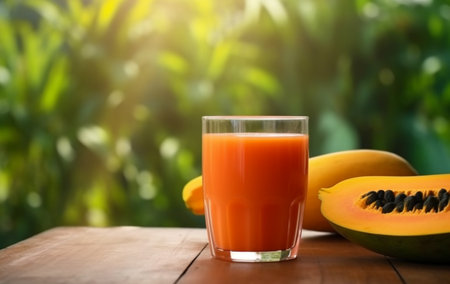 Glass of papaya juice with papaya fruit slices on wooden table with garden blurred background. generative aiの素材