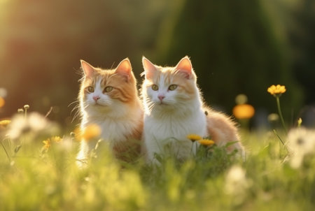 Two cute cats on green grass with blurred background of early morning sunの素材