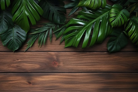 Top view of tropical leaves on wooden table for background. generative aiの素材