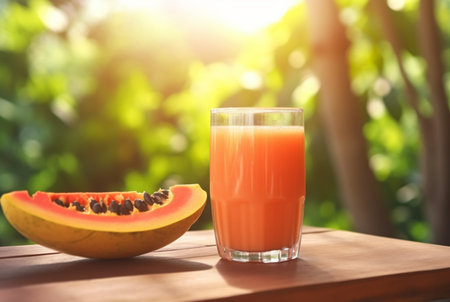 Glass of papaya juice with papaya fruit slices on wooden table with garden blurred background. generative aiの素材