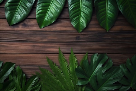 Top view of tropical leaves on wooden table for background. generative aiの素材