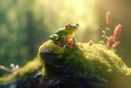Green frog on a mossy rock with blurred background. generative aiの素材