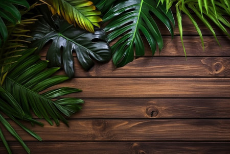 Top view of tropical leaves on wooden table for background. generative aiの素材