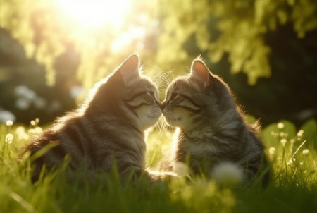 Two cute cats on green grass with blurred background of early morning sunの素材