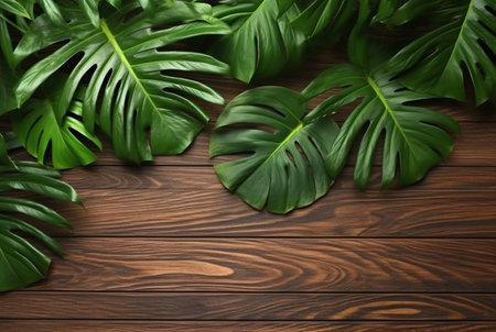 Top view of tropical leaves on wooden table for background. generative aiの素材