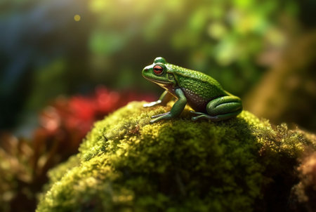 Green frog on a mossy rock with blurred background. generative aiの素材
